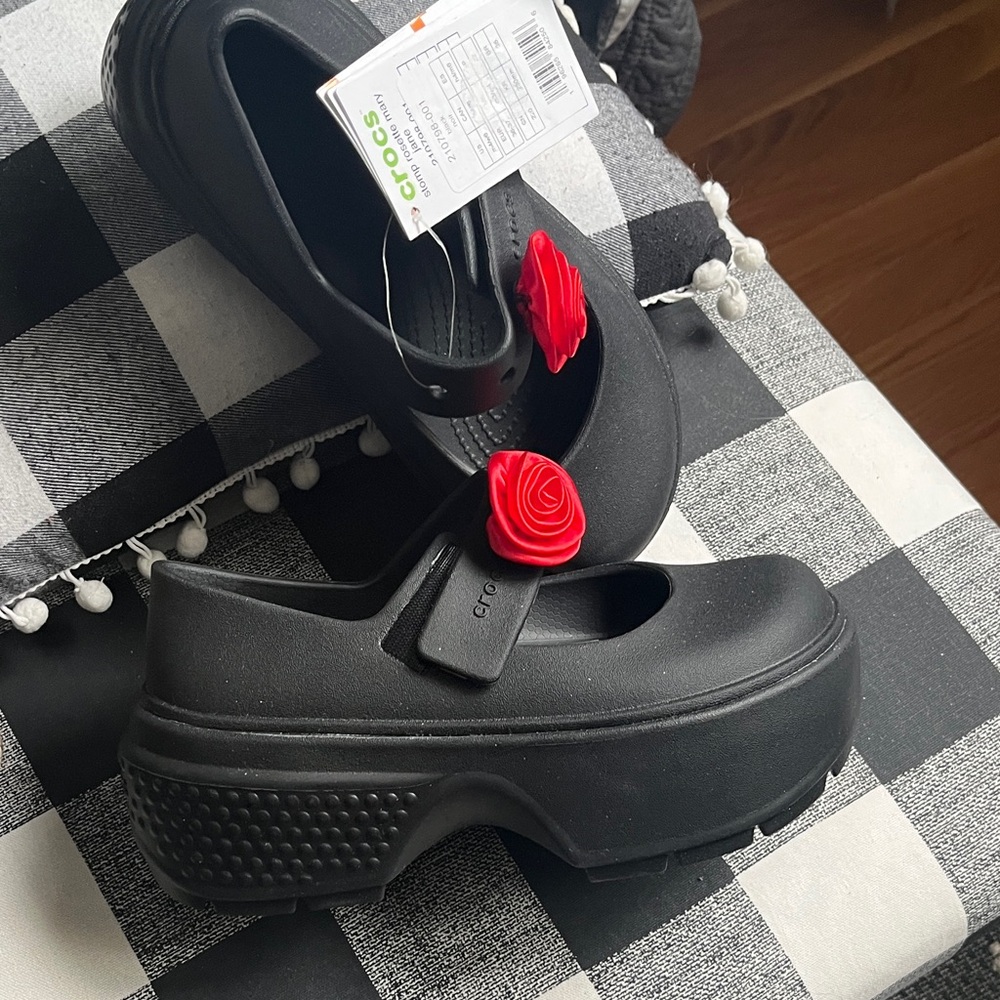 CROCS Women's Black Mules with Red Floral Accent